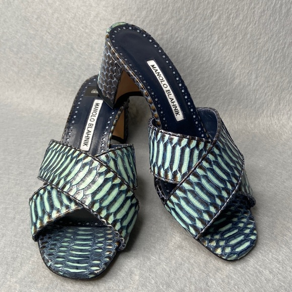 Manolo Blahnik Shoes - Manolo Blahnik Otawi Mule sandal with block heel - Navy/Teal - women's 36